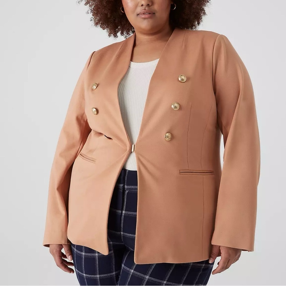 Lane Bryant Ponte Bryant Collarless Blazer with Gold Buttons, Camel size 18